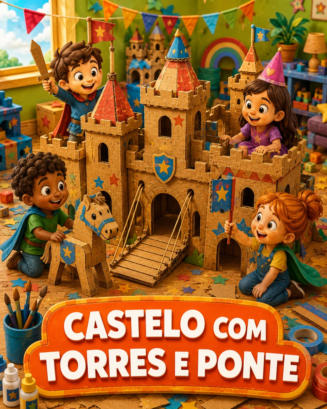 Castelo com torres e ponte de papelão